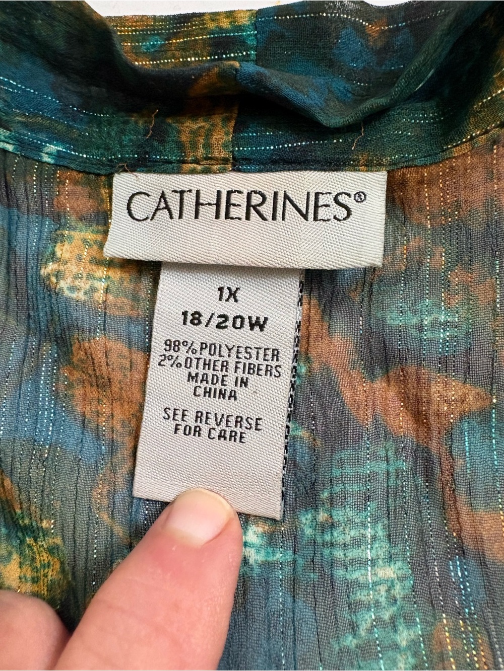 Sheer Teal & Gold Floral Tie-Neck Blouse-with Glimmering Silver Threading! - Picture 11 of 16